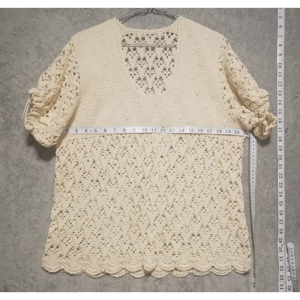 Vintage Ivory Crochet Top Short Puff Sleeve Boho Floral Open Knit Cream XL - Picture 3 of 4